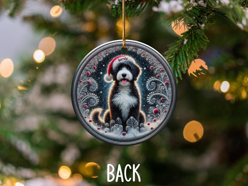 Dog Ornament Holiday, Personalized Bernedoodle Keepsake | Ceramic | Two-Sided Sublimation Print, Gold Hanger image 4