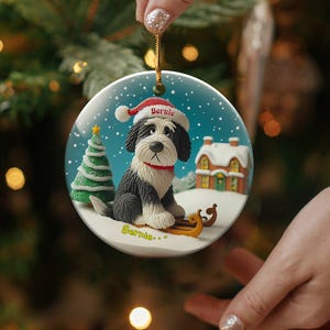 Festive Dog On, Bernedoodle Sledding Ornament | Ceramic Sublimation | 3 Inch Snow Globe Style Bild 9