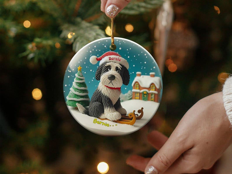 Festive Dog On, Bernedoodle Sledding Ornament | Ceramic Sublimation | 3 Inch Snow Globe Style Bild 9