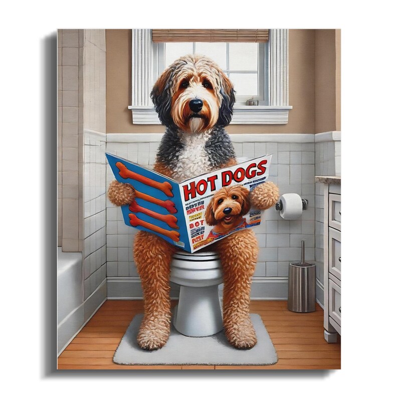 Rolig klotterhund canvastavla, badrumshumor, present till husdjursälskare bild 6