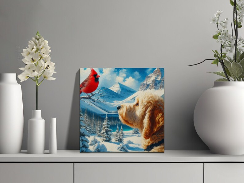 Doodle Dog and Cardinal Canvas Art, Winter Scene image 10