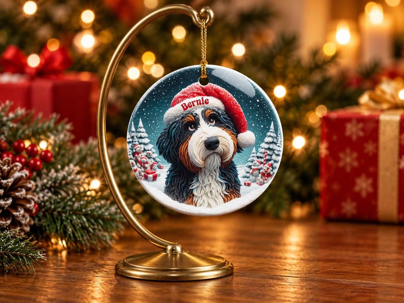 May include: A round ceramic ornament hanging from a gold metal stand. The ornament features a Bernese Mountain Dog wearing a red Santa hat with the name Bernie printed on the brim, set against a snowy winter landscape with pine trees.