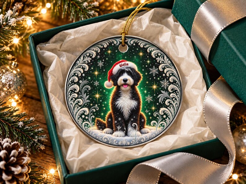 May include: A round ceramic Christmas ornament featuring a black and white dog wearing a red Santa hat with the name Stella printed on the brim. The dog is centered against a dark green background with white snowflakes and silver filigree.