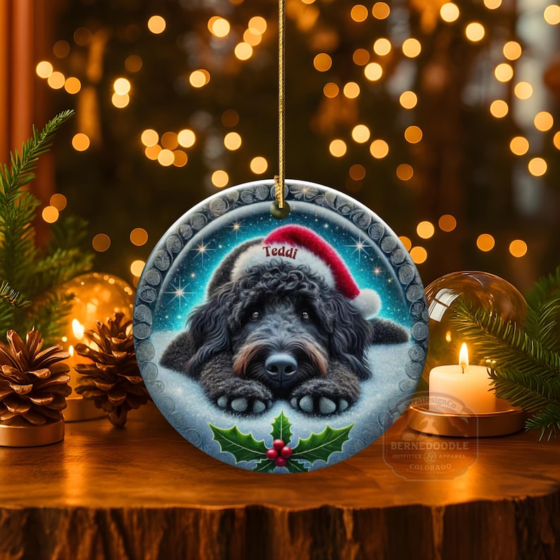 Black goldendoodle ceramic ornament with two sided design.  Black golden doodle , black bernedoodle dog decor.