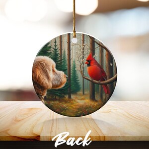 Cardinal and Goldendoodle Ceramic Ornament, Stained Glass Design, Cardinal gift, Mothers Day Gift, Bird Lovers Gift, Custom stained glass look, cardinal