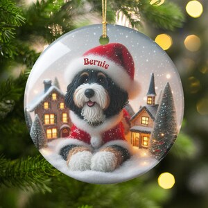 Holiday Christmas Tree Ornament, Cute Dog with Santa Hat, Personalized Name, Christmas Decoration, Festive Home Decor