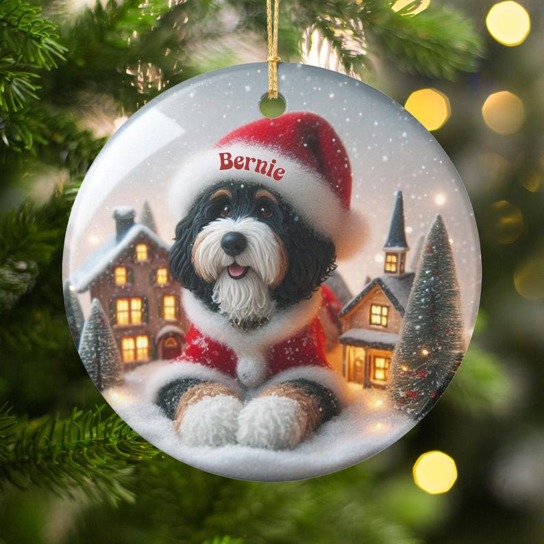 Holiday Christmas Tree Ornament, Cute Dog with Santa Hat, Personalized Name, Christmas Decoration, Festive Home Decor