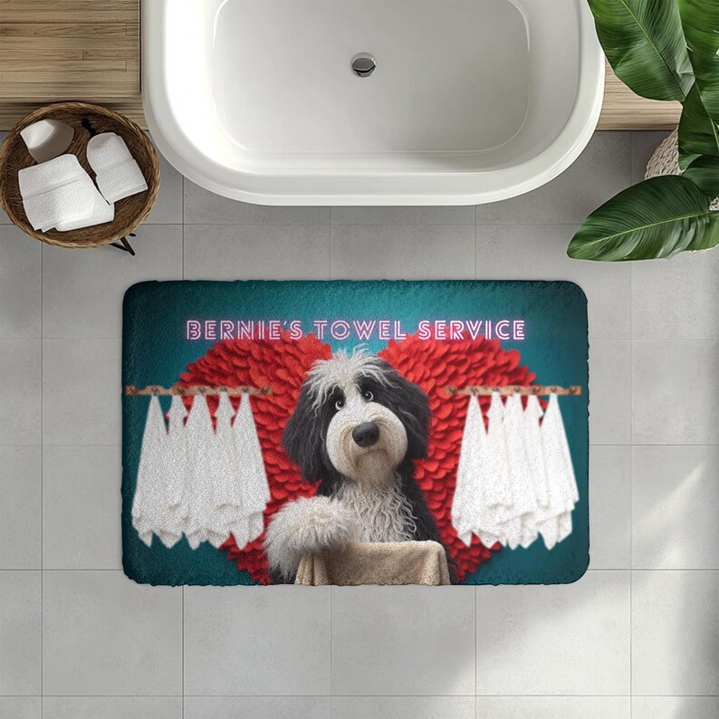 May include: A rectangular bath mat featuring a cartoon dog with black and white fur, a red heart-shaped background, and the text "BERNIE'S TOWEL SERVICE". White towels hang on a clothesline on either side of the dog.