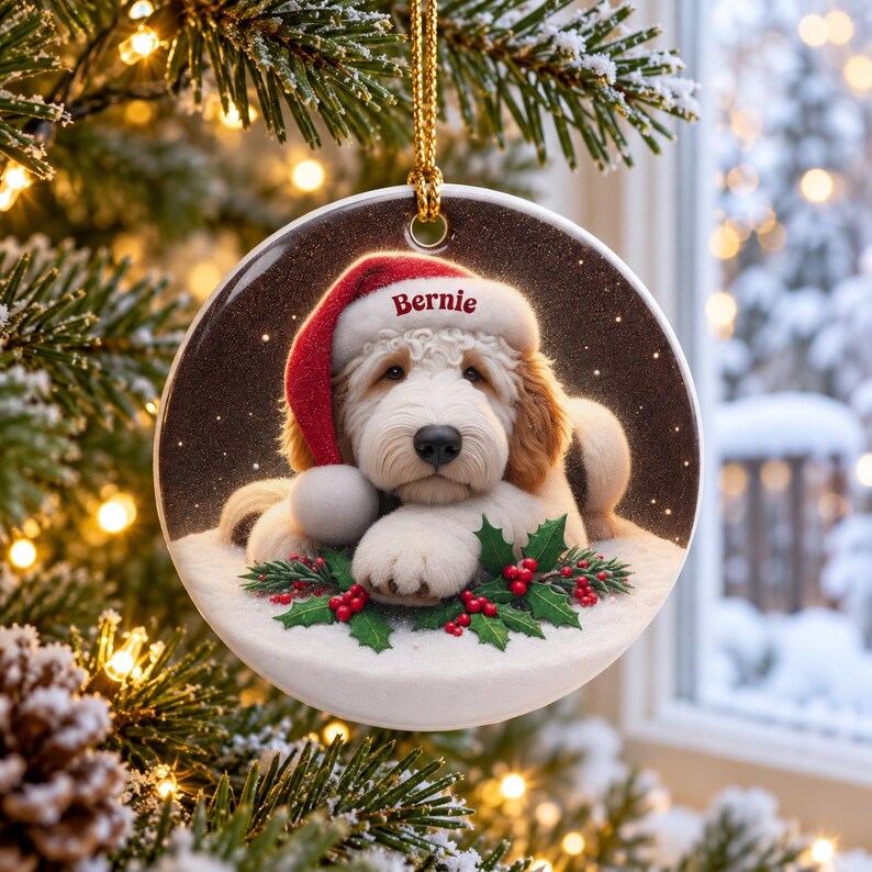 May include: A round ceramic Christmas ornament featuring a fluffy gold and white puppy wearing a red Santa hat with the name Bernie printed on the brim. The puppy rests on a snowy surface decorated with green holly leaves and red berries.
