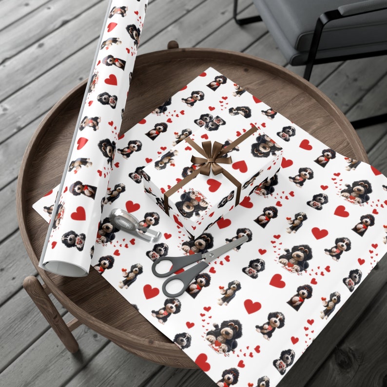 Bernedoodle wrapping paper for all occasions, valentines wrapping paper,valentines wrap, gift wrap bernedoodle, doodle paper, doodle gift wrap, birthday bernedoodle wrap, goldendoodle, merle doodle, doodle paper gifting.