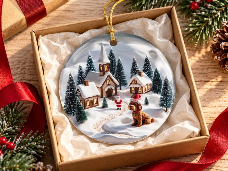 May include: A round ceramic Christmas ornament featuring a snowy village scene with a church, houses, a small Santa Claus figure, and a brown dog wearing a red Santa hat with the name Eddie printed on it, hanging by a gold cord.