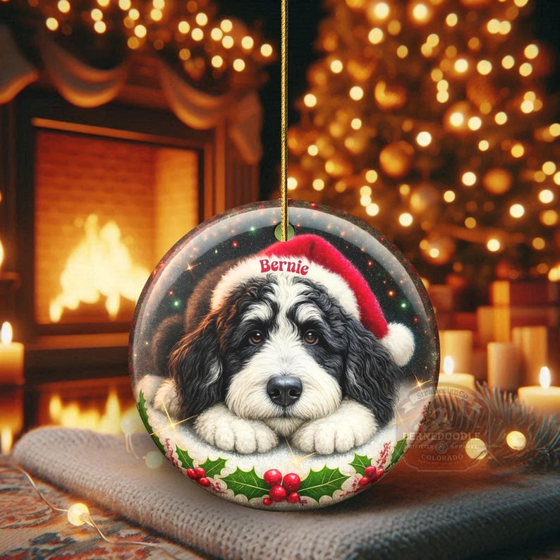 May include: A round Christmas ornament featuring a black and white dog wearing a Santa hat with the name "Bernie". The ornament is decorated with holly and berries. The background includes a fireplace and Christmas tree.