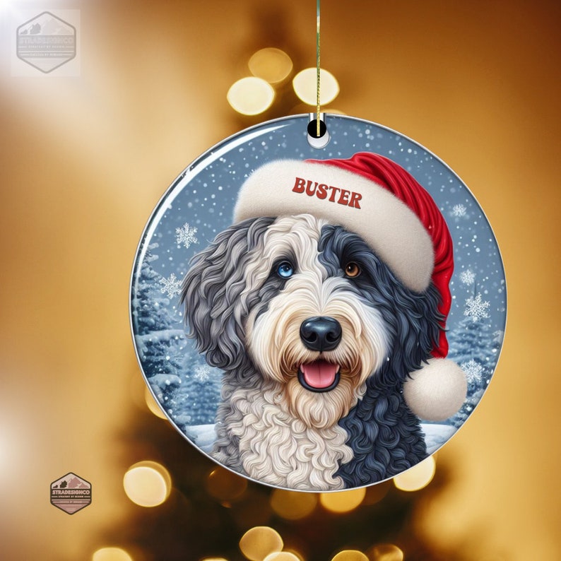 Merle Bernedoodle Ceramic Ornament, showcasing stunning blue eyes. Personalized ornament with your dogs name