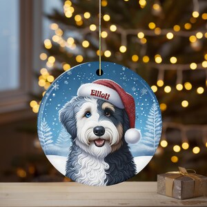 Merle Bernedoodle Ceramic Ornament, showcasing stunning blue eyes. Personalized ornament with your dogs name