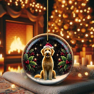 May include: A round Christmas ornament featuring a golden doodle dog wearing a Santa hat. The ornament has a festive design with holly, berries, and a snowy base. The background includes a fireplace and Christmas tree.