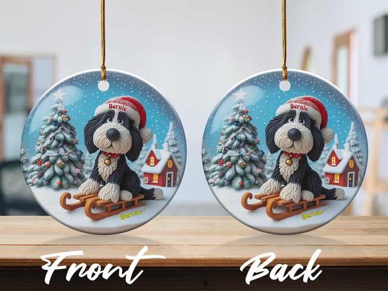 Christmas Ornament, Bernedoodle Sledding Scene | Sublimation Ceramic Decor | 3-Inch Glossy Flat Double-Sided image 7