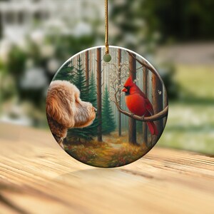 Cardinal and Goldendoodle Ceramic Ornament, Stained Glass Design, Cardinal gift, Mothers Day Gift, Bird Lovers Gift, Custom stained glass look, cardinal