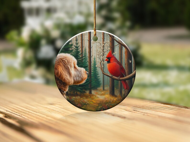 Cardinal and Goldendoodle Ceramic Ornament, Stained Glass Design, Cardinal gift, Mothers Day Gift, Bird Lovers Gift, Custom stained glass look, cardinal