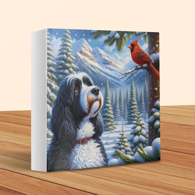 Doodle Dog and Cardinal Canvas Art, Winter Scene, Dog Lover Gift image 4