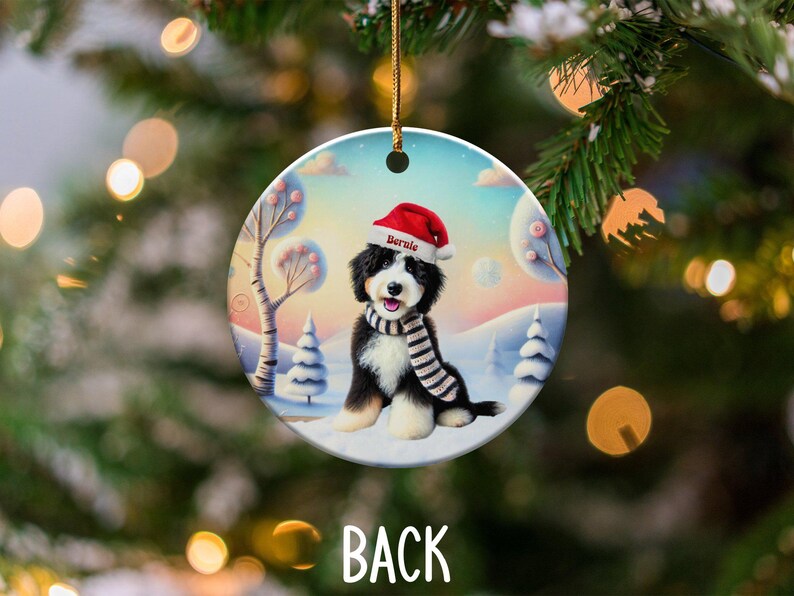 Bernedoodle Ornament, Personalized Ceramic Keepsake | Sublimation Christmas Tree Charm | Dog Lover Gift Gold String imagen 6