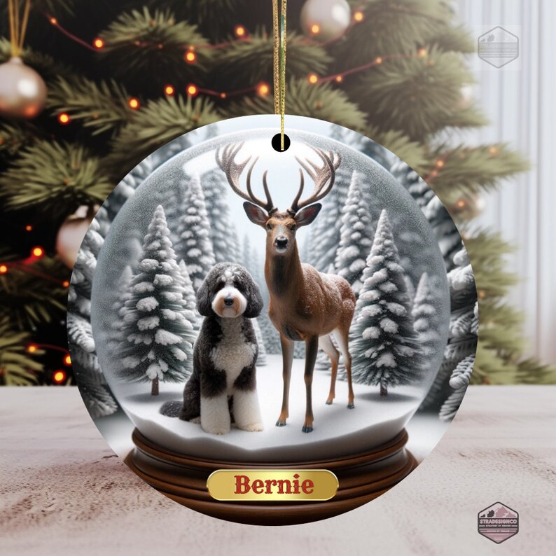 Ceramic Ornament - Customizable with Dog name- Not a snow globe - Bernedoodle Ornament