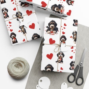 Bernedoodle wrapping paper for all occasions, valentines wrapping paper,valentines wrap, gift wrap bernedoodle, doodle paper, doodle gift wrap, birthday bernedoodle wrap, goldendoodle, merle doodle, doodle paper gifting.