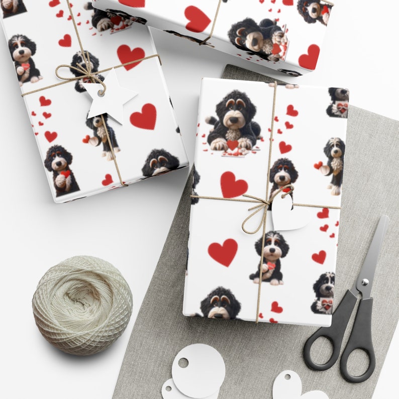 Bernedoodle wrapping paper for all occasions, valentines wrapping paper,valentines wrap, gift wrap bernedoodle, doodle paper, doodle gift wrap, birthday bernedoodle wrap, goldendoodle, merle doodle, doodle paper gifting.