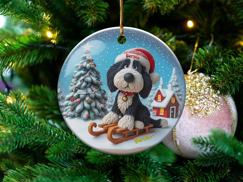 Christmas Ornament, Bernedoodle Sledding Scene | Sublimation Ceramic Decor | 3-Inch Glossy Flat Double-Sided image 8
