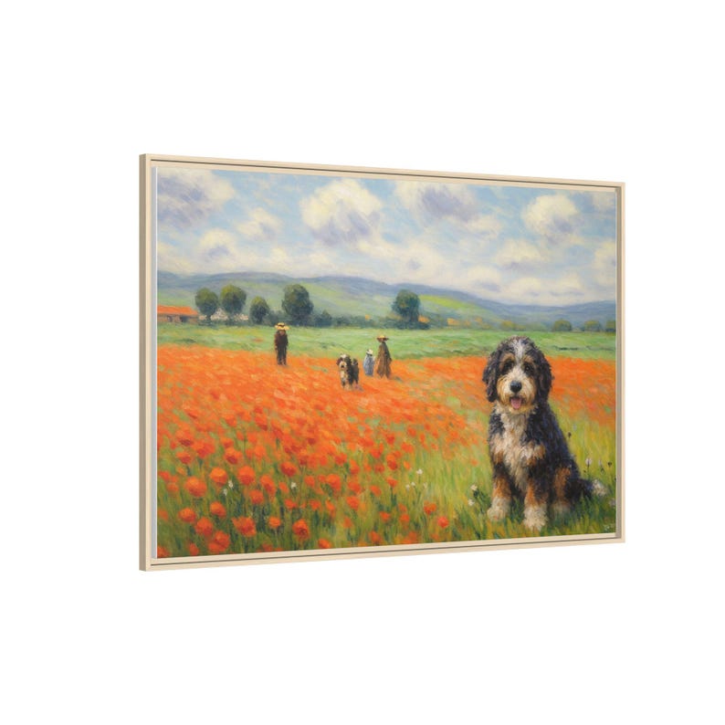 Bernedoodle Classic in un campo di papaveri - Tela incorniciata immagine 3
