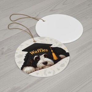 Bernedoodle Gift, Personalized Dog Graduation Ornament | Ceramic Sublimation Keepsake | Obedience School Milestone Decor image 2