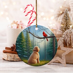 Cardinal and Goldendoodle Ornament, Stained-Glass Looking Design, Cardinal gift, Mothers Day Gift, Bird Lovers Gift, Dog Mom Gifts
