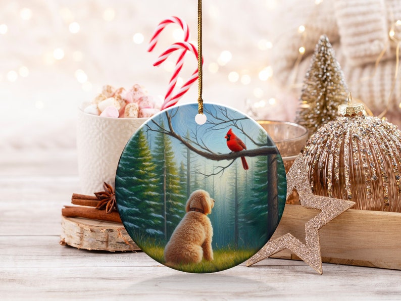 Cardinal and Goldendoodle Ornament, Stained-Glass Looking Design, Cardinal gift, Mothers Day Gift, Bird Lovers Gift, Dog Mom Gifts