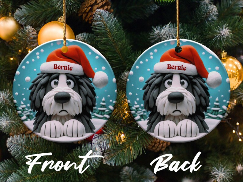 Bernedoodle Dog Art Christmas Ornament, Double Sided Keepsake | Sublimation Ceramic | Holiday Tree Decor, Gold String Hanging image 4