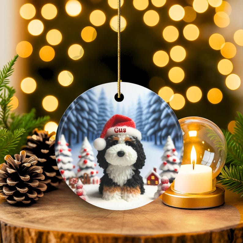 Bernedoodle claymation style ornament made of ceramic, hanging by a gold string.  Winter scene featuring a cute, personalized doodle dog with personalized name on santa hat.  Perfect gift for Bernedoodle Dog Lovers and Pet Enthusiasts.