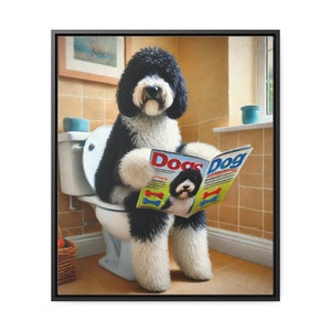 Sheepadoodle Sitting On Toilet Portrait Framed Canvas, Toilet Wall Art, Funny Doodle Bathroom Wall Art, Dog Person Gift, Doodle Dad Gift image 4
