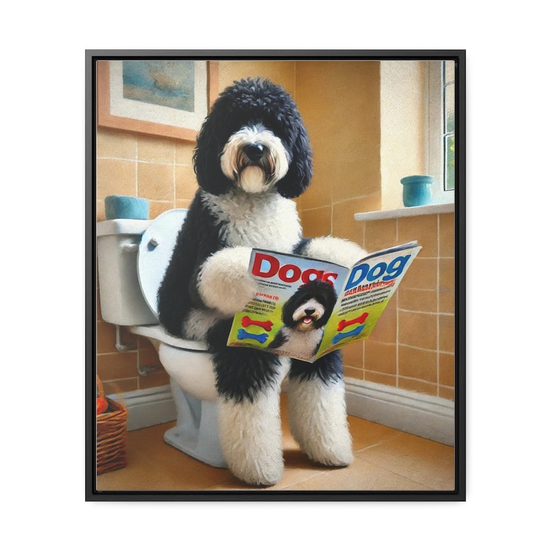 Sheepadoodle Sitting On Toilet Portrait Framed Canvas, Toilet Wall Art, Funny Doodle Bathroom Wall Art, Dog Person Gift, Doodle Dad Gift image 4