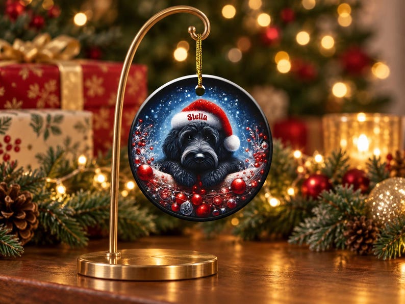 May include: A round ceramic Christmas ornament hanging from a gold metal stand. The ornament features a black dog wearing a red Santa hat with the name Stella printed on the brim, surrounded by red berries and ornaments against a dark background.