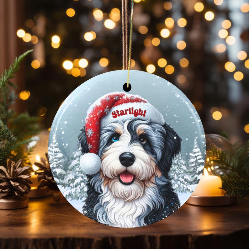 Merle Bernedoodle Ceramic Ornament, showcasing stunning blue and brown eyes. Personalized ornament with your dogs name