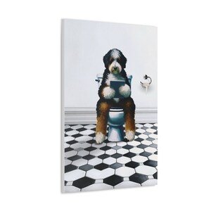 Bernedoodle Dog On Toilet, Dog Reading Tablet Bathroom, Dog Dad Art Gift, Funny Guest Bathroom Art, Dog Picture, Dog Wall Art, Doodle Gift image 5
