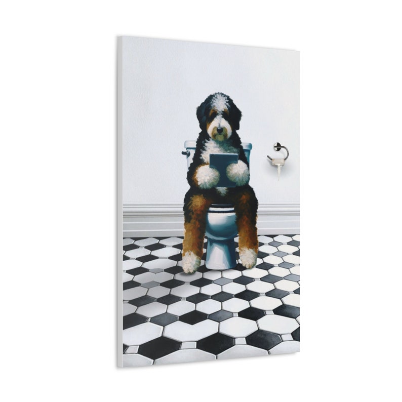 Bernedoodle Dog On Toilet, Dog Reading Tablet Bathroom, Dog Dad Art Gift, Funny Guest Bathroom Art, Dog Picture, Dog Wall Art, Doodle Gift image 5