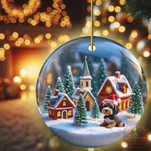 Snow globe style design personalized ceramic bernedoodle ornament with a warm backdrop Christmas dog ornament with festive winter scene.  Great gift idea for doodle moms and doodle dog lovers!