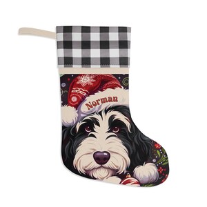 Personalized Bernedoodle Christmas Stocking, Custom Dog Name Santa Hat | Plaid Cuff Pet Stocking | Doodle Mom Gift Bild 6