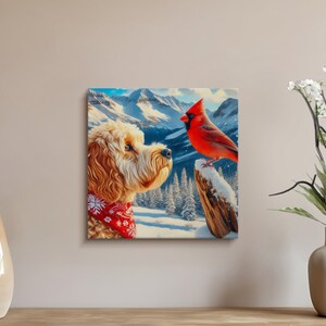 Doodle Dog and Cardinal Art Canvas, Pet Lover Gift image 7