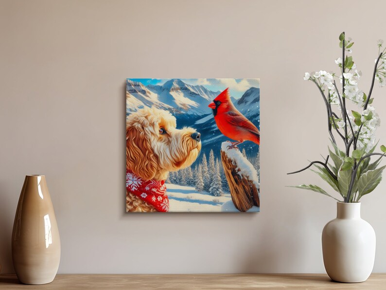 Doodle Dog and Cardinal Art Canvas, Pet Lover Gift image 7