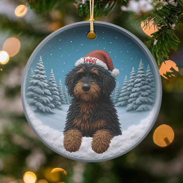 Bernedoodle Ornament, Personalized Santa Hat Keepsake | Sublimation Ceramic | 3 Inch Tree Decor