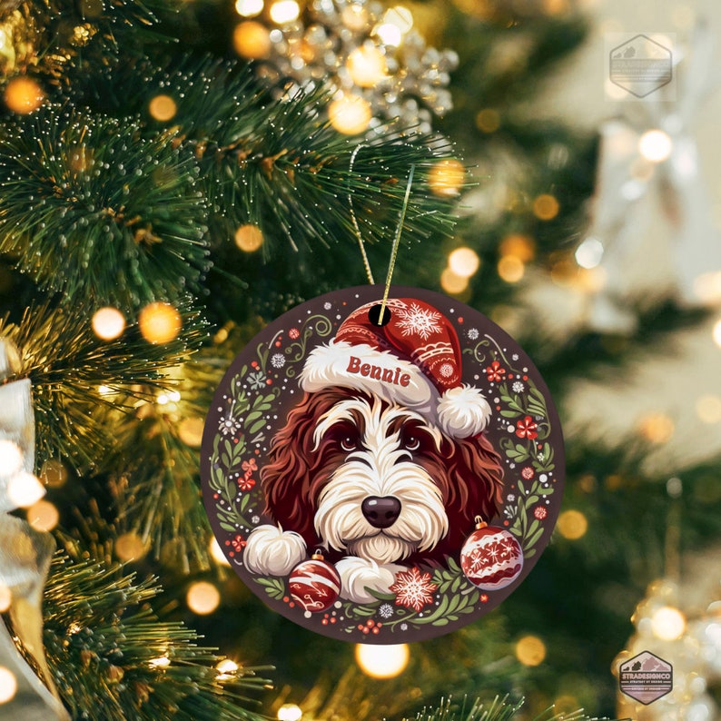 Personalized brown and redish Bernedoodle Ornament with Santa Hat - Handcrafted Dog Christmas Decor