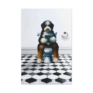 Bernedoodle Dog On Toilet, Dog Reading Tablet Bathroom, Dog Dad Art Gift, Funny Guest Bathroom Art, Dog Picture, Dog Wall Art, Doodle Gift image 4