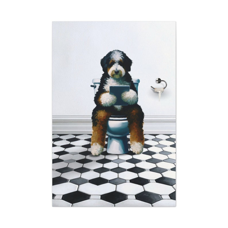 Bernedoodle Dog On Toilet, Dog Reading Tablet Bathroom, Dog Dad Art Gift, Funny Guest Bathroom Art, Dog Picture, Dog Wall Art, Doodle Gift image 4