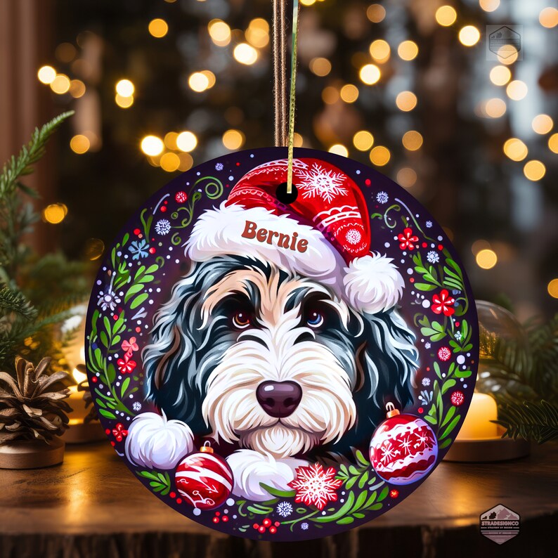 Merle Bernedoodle ceramic ornament with one blue eye and one brown eye!