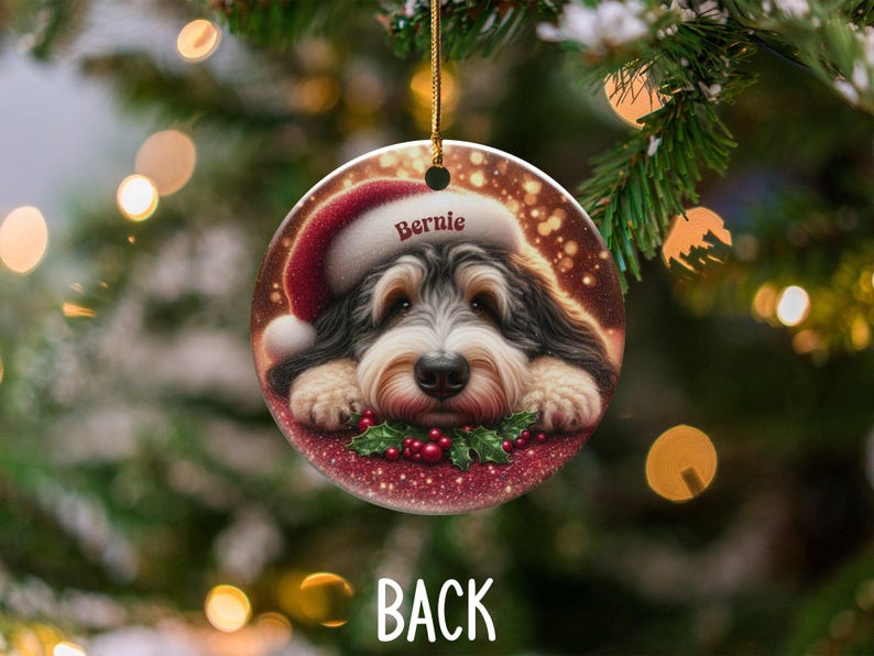 Tri Fade Bernedoodle Ornament, Custom Pet Keepsake | Sublimation Ceramic | 3 Inch Round Holiday Tree Decor image 4